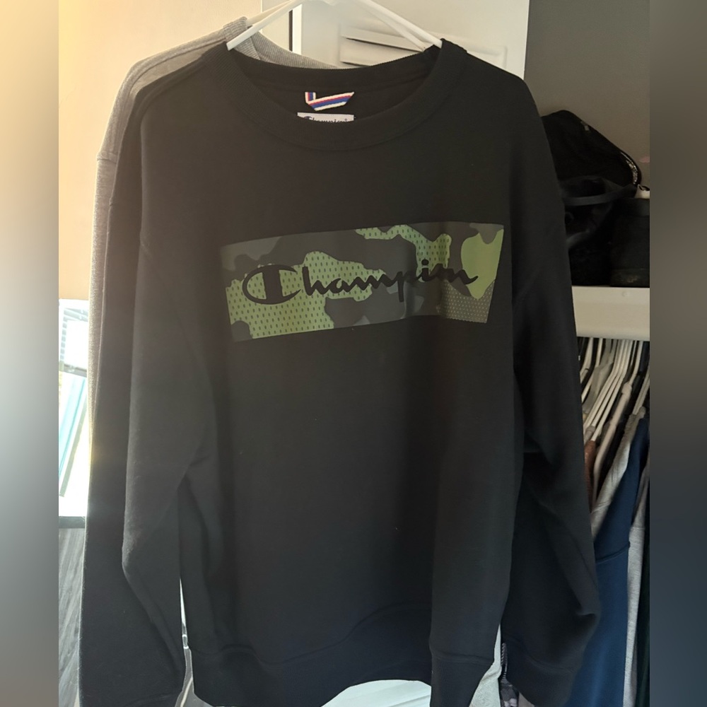 Champion Black Sweatshirt with Green Camo Accent
